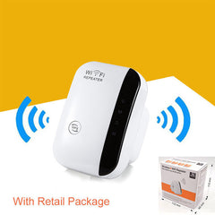A white WiFi repeater device with signal strength indicators on the front, plug-and-play button, and status LED lights.