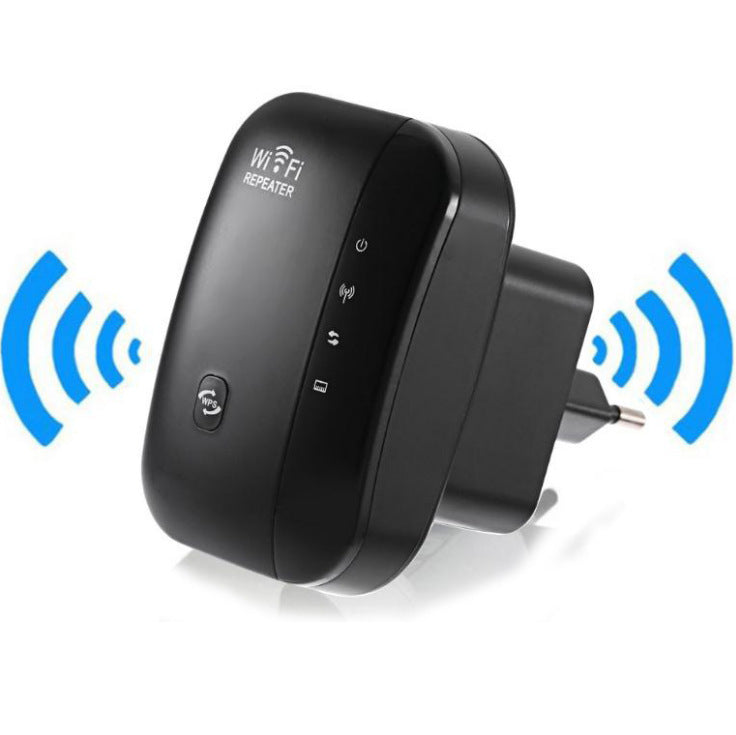 A white WiFi repeater device with signal strength indicators on the front, plug-and-play button, and status LED lights.