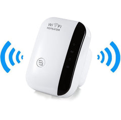 A white WiFi repeater device with signal strength indicators on the front, plug-and-play button, and status LED lights.