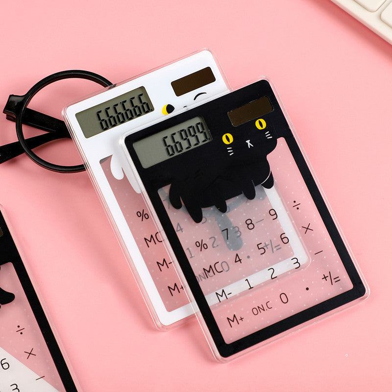 Two stylish solar calculators with transparent touch screen designs. One is white and the other is black with a cat design.
