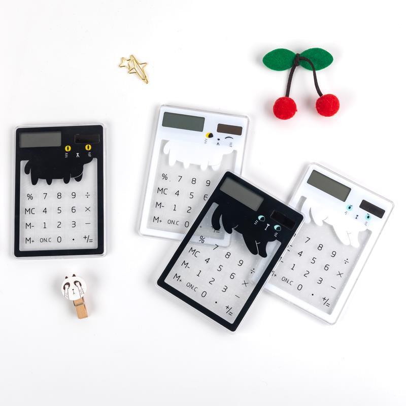 Stylish solar calculators with transparent touch screen with a cat design.