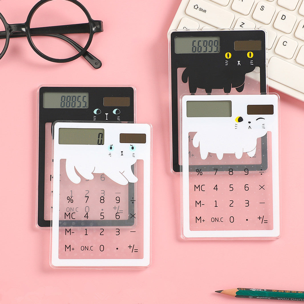 Two stylish solar calculators with transparent touch screen designs. One is white and the other is black with a cat design.