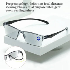 Reading glasses with black frames on a white surface, accompanied by text describing their features.