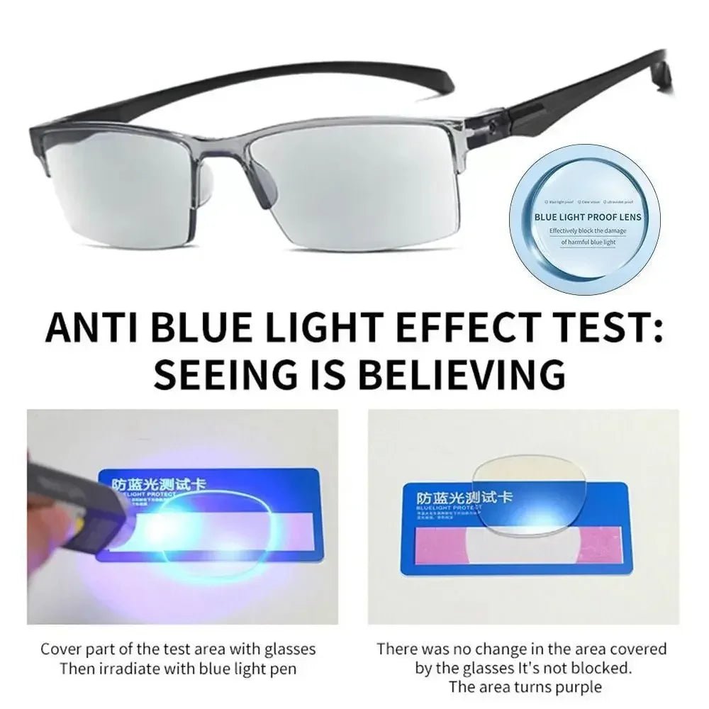 Anti-blue light glasses with testing cards and text on a white background