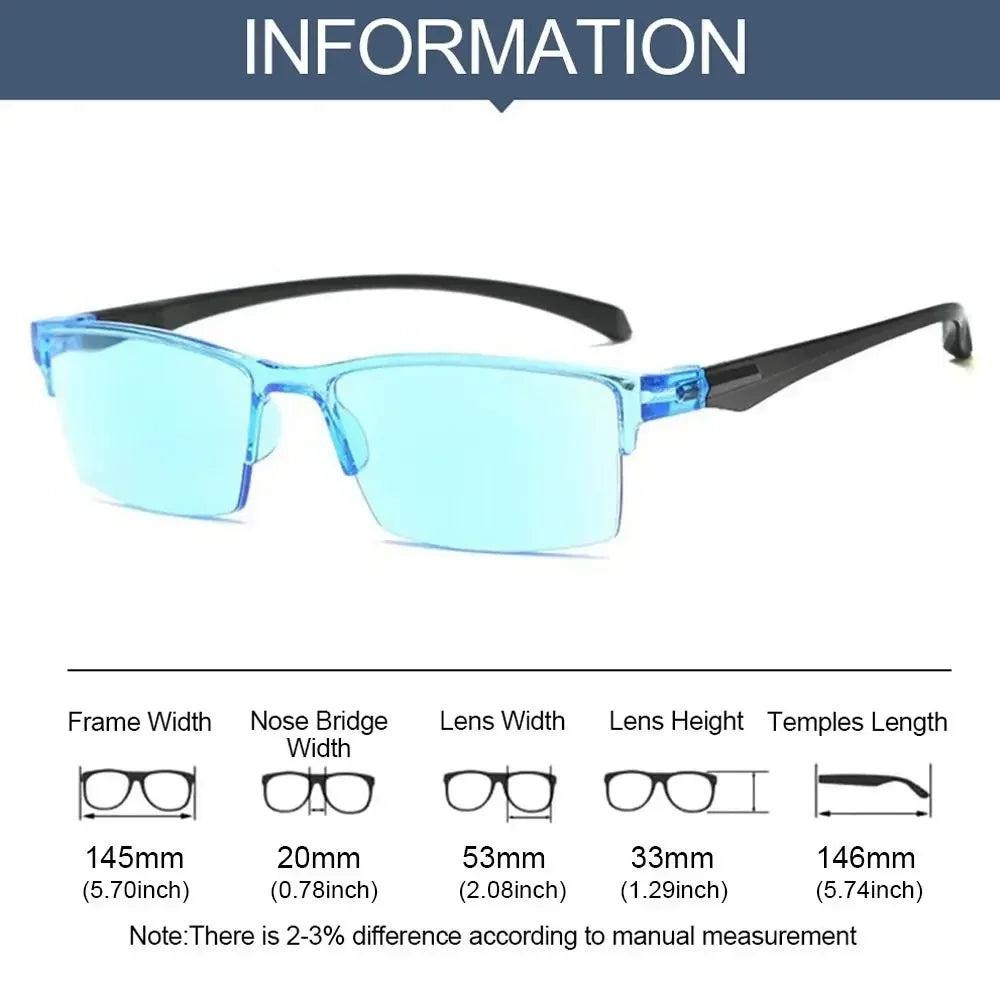 Blue sunglasses with specifications listed below on a white background