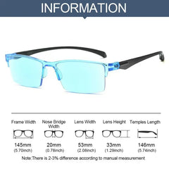 Blue sunglasses with specifications listed below on a white background