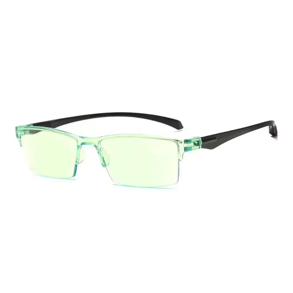 Green and black eyeglasses on a white background