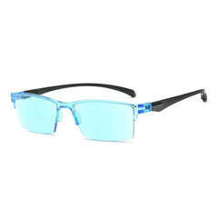 Sunglasses with blue lenses and black frame on a white background