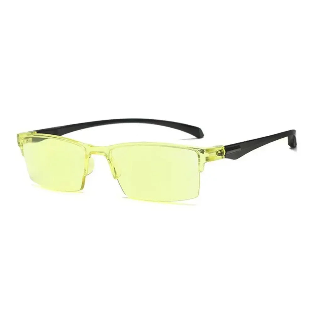 Yellow-tinted glasses with black frames on a white background