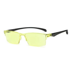 Yellow-tinted glasses with black frames on a white background