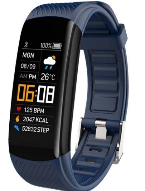 A digital pedometer bracelet with a blue wristband and a digital screen displaying time, temperature, heart rate, calorie count, and step count.