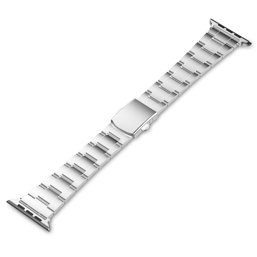 A silver stainless steel watch strap with a three-bead design for Apple Watch models.