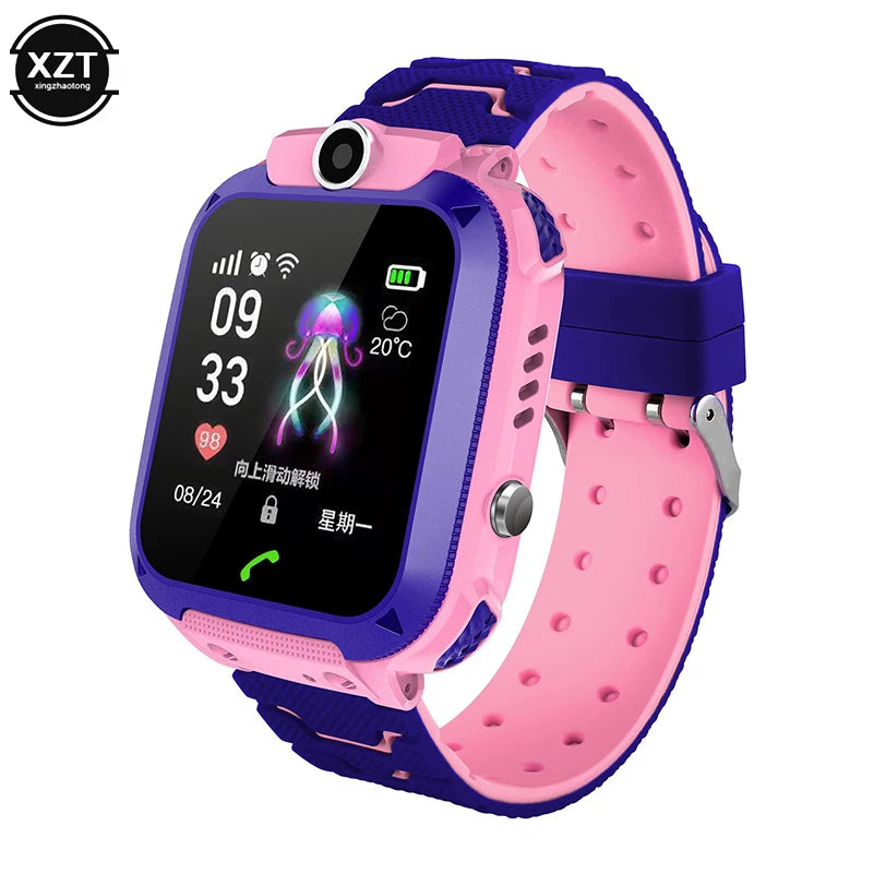Two children's smart watches, one in pink and one in blue, with a silicone band and a square touchscreen display.