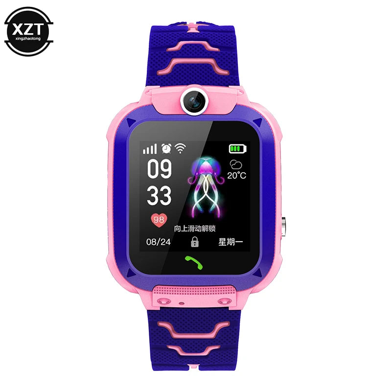 Two children's smart watches, one in pink and one in blue, with a silicone band and a square touchscreen display.