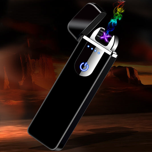 A stylish arc lighter with a black body and silver accents, depicted with a glowing blue flame.