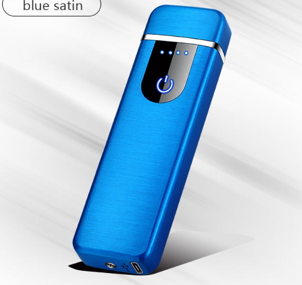 A stylish arc lighter with a black body and silver accents, depicted with a glowing blue flame.