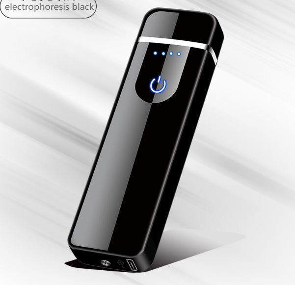 A stylish arc lighter with a black body and silver accents, depicted with a glowing blue flame.