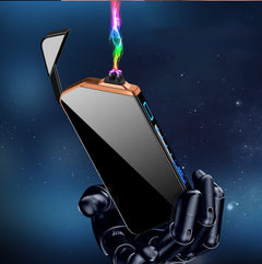 A metal lighter with a colorful arc of electricity.