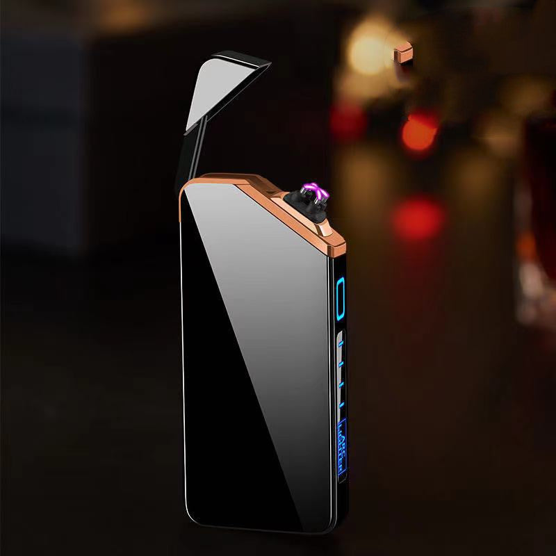 A metal lighter with a colorful arc of electricity.