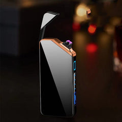 A metal lighter with a colorful arc of electricity.