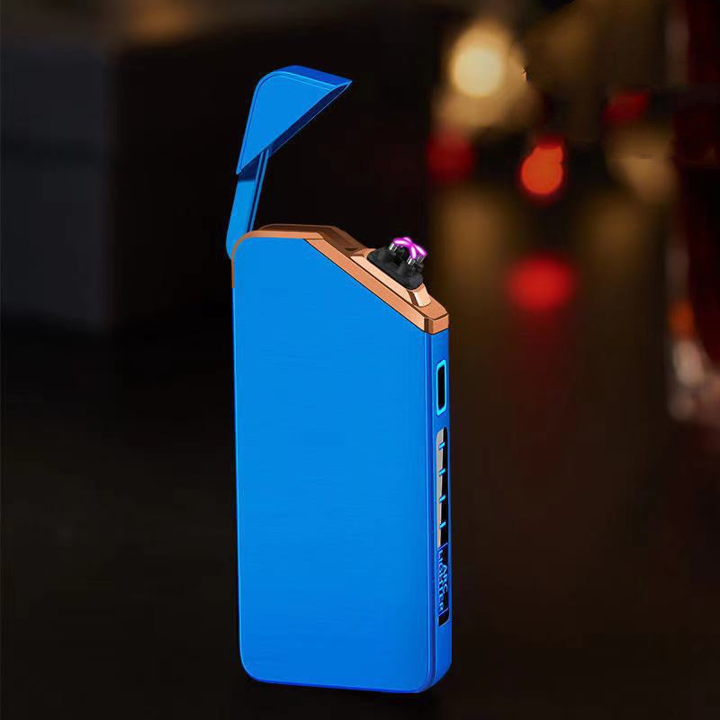 A Blue metal lighter with a colorful arc of electricity.