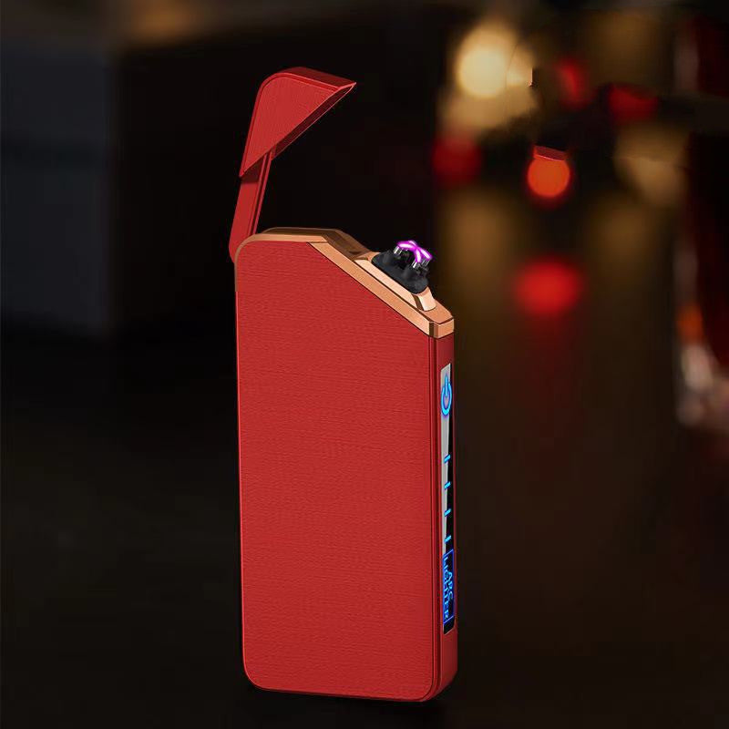 A Red metal lighter with a colorful arc of electricity