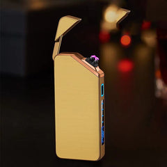 A Golden metal lighter with a colorful arc of electricity.
