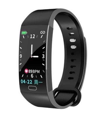 A black smart bracelet with a color screen displaying time, heart rate, and date, worn on a wristband.