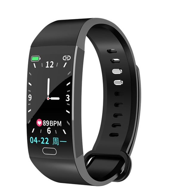 A black smart bracelet with a color screen displaying time, heart rate, and date.