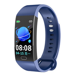 A blue smart bracelet with a color screen displaying time, heart rate, and date.