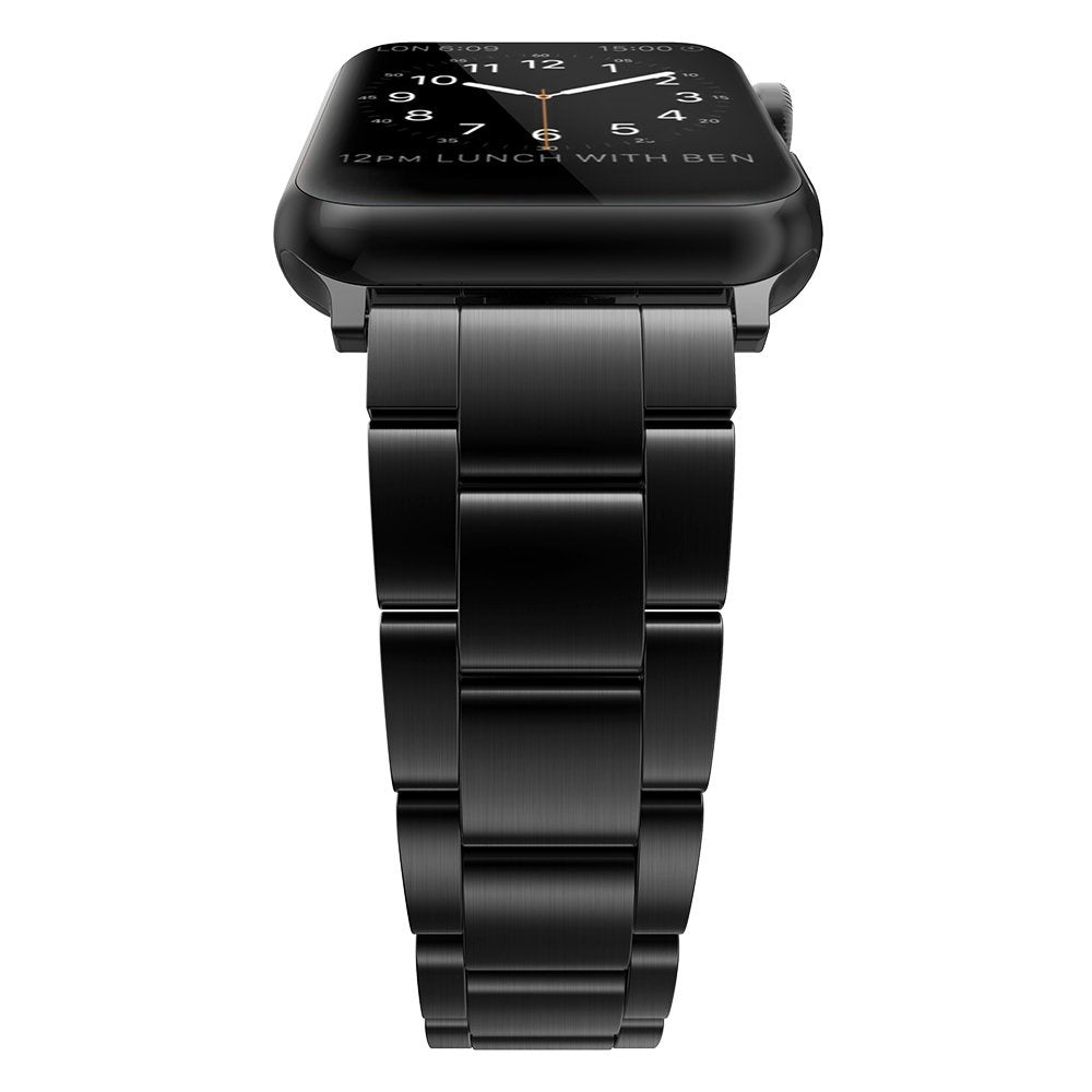 A black stainless steel watch strap with a three-bead design for Apple Watch models.