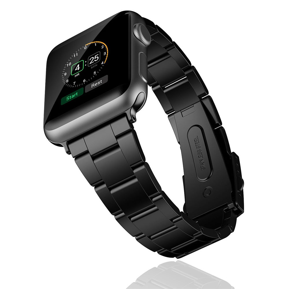 A black stainless steel watch strap with a three-bead design for Apple Watch models.
