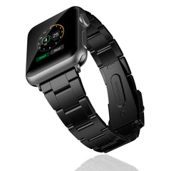 A black stainless steel watch strap with a three-bead design for Apple Watch models.