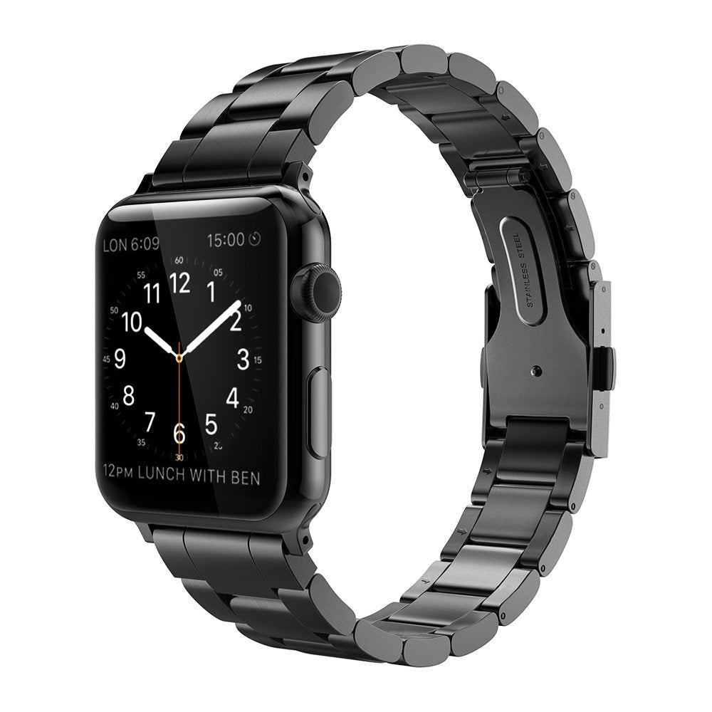 A black stainless steel watch strap with a three-bead design for Apple Watch models.