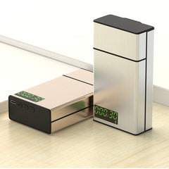 A timing lock box for smoking control with a digital display, shown in silver and black colors.