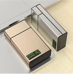 A timing lock box for smoking control with a digital display, shown in silver and black colors.