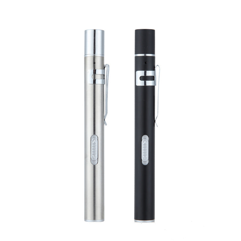 Electronic flashlight, one silver and one black.