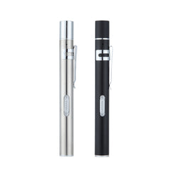 Electronic flashlight, one silver and one black.