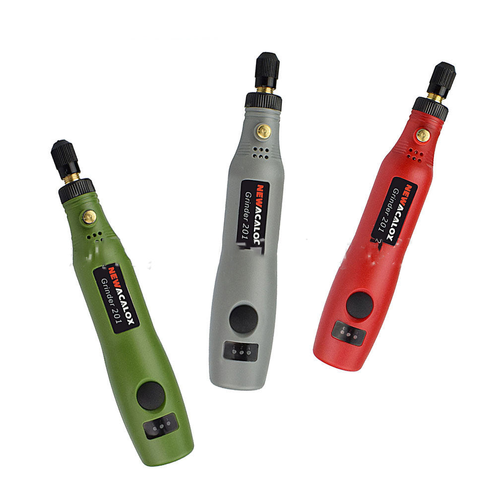 Three USB charging electric grinders in green, gray, and red color, displayed vertically.