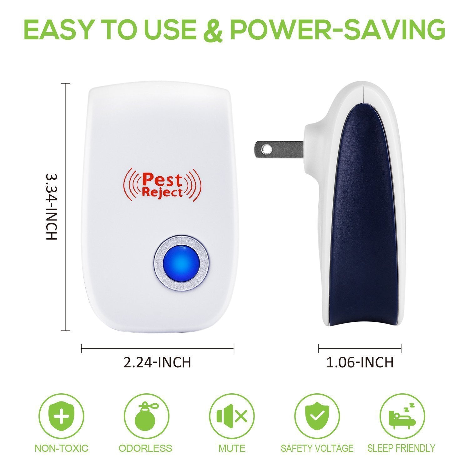 A white ultrasonic electronic pest repeller with a blue light, designed to repel mosquitoes, mice, ants, and other insects.