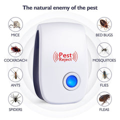 A white ultrasonic electronic pest repeller with a blue light, designed to repel mosquitoes, mice, ants, and other insects.
