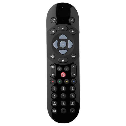 A black universal remote control with buttons, joypad, and model label.