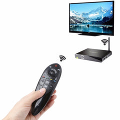 A person holding a black universal remote control.