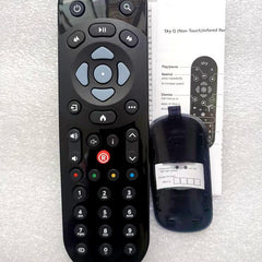 A black universal remote control with buttons, joypad, and model label.