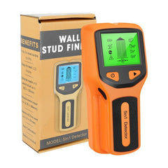 Handheld wall metal detector with a digital display showing 5 scanning modes: Stud Scan, Metal Scan, and AC Scan. The device is shown in orange colors.