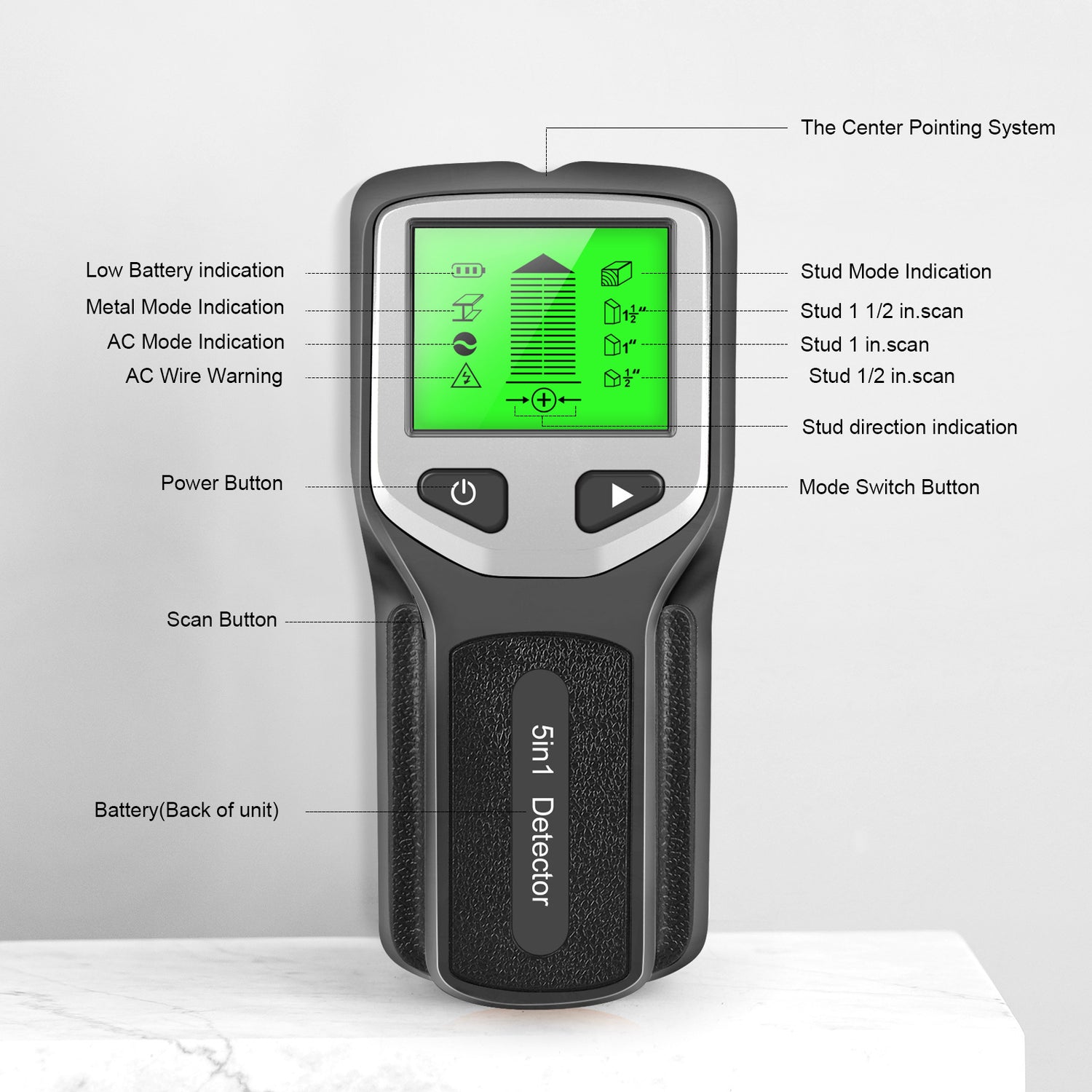 Handheld wall metal detector with a digital display showing 5 scanning modes: Stud Scan, Metal Scan, and AC Scan. The device is shown in black colors.