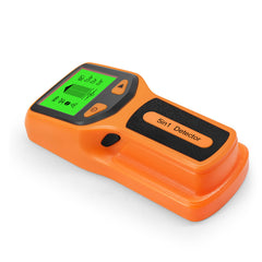 Handheld wall metal detector with a digital display showing 5 scanning modes: Stud Scan, Metal Scan, and AC Scan. The device is shown in orange colors.