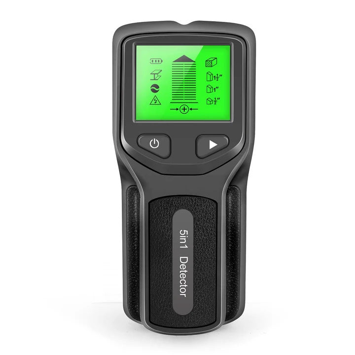 Handheld wall metal detector with a digital display showing 5 scanning modes: Stud Scan, Metal Scan, and AC Scan. The device is shown in black colors.