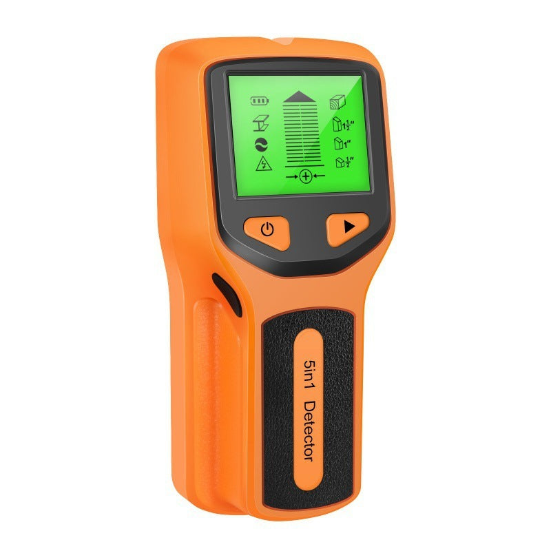 Handheld wall metal detector with a digital display showing 5 scanning modes: Stud Scan, Metal Scan, and AC Scan. The device is shown in orange colors.