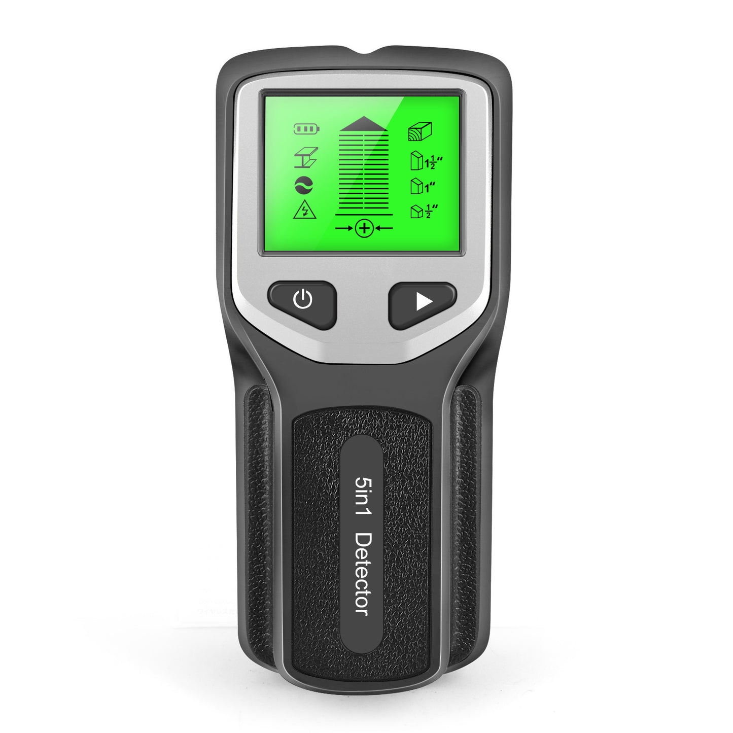 Handheld wall metal detector with a digital display showing 5 scanning modes: Stud Scan, Metal Scan, and AC Scan. The device is shown in black colors.